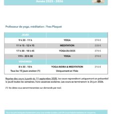CALENDRIER DES COURS : Yoga 2025 – 2026