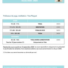 CALENDRIER DES COURS : Yoga 2024 – 2025