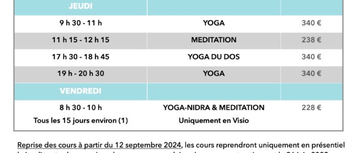 CALENDRIER DES COURS : Yoga 2024 – 2025